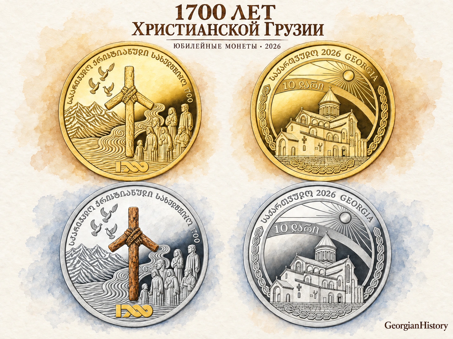 Акварельный постер: обе стороны золотой и серебряной монет к 1700-летию христианской Грузии; крест святой Нино и собор Светицховели